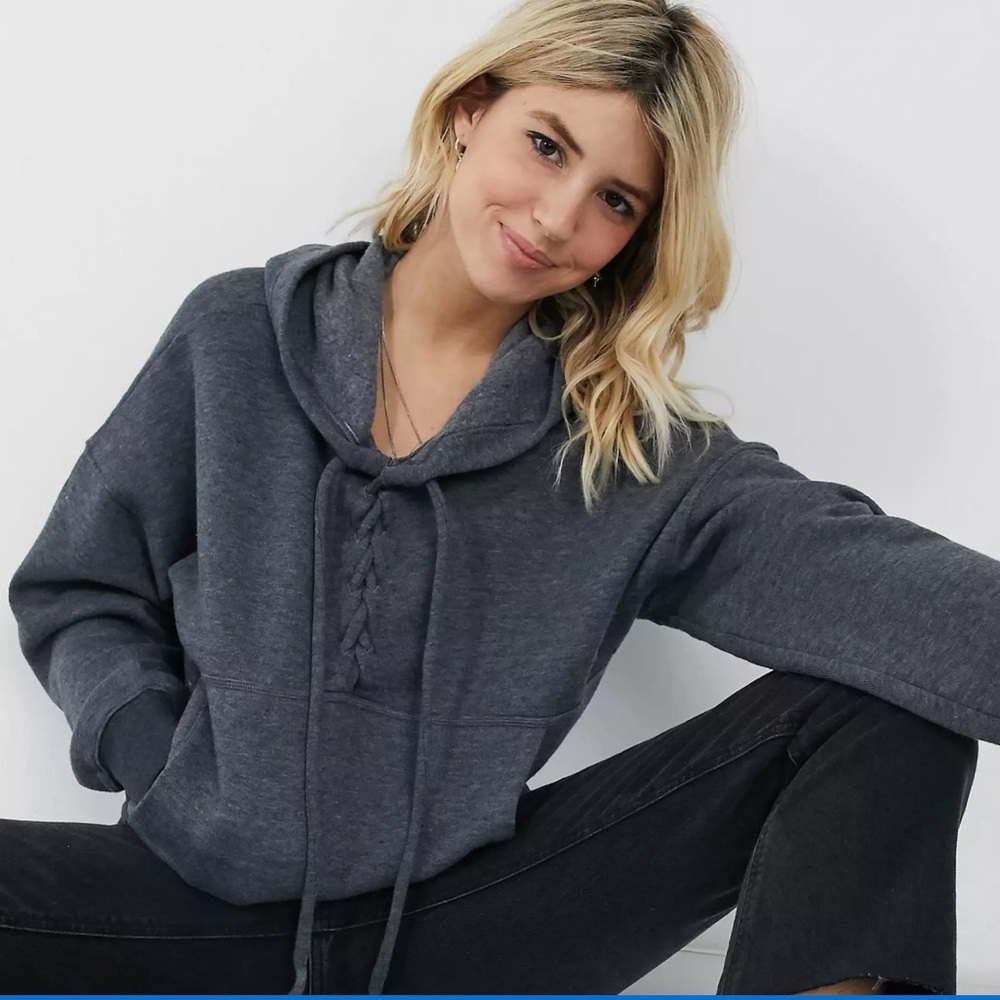 Free People Movement Gray Believe It Lace up Hoodie Cropped Sweatshirt Medium